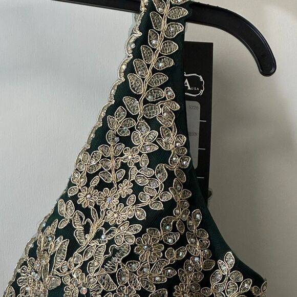 Eva USA Gown 4XL GRN Sleeveless V-Neck EV 5225 Metallic Embroidered Embellished - Picture 10 of 16